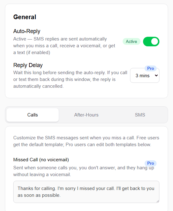 General settings showing the Auto-Reply toggle set to Active, Reply Delay set to 3 minutes with Pro badge, and the Calls tab with missed call template editor