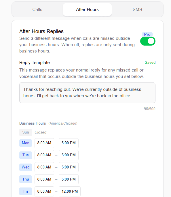 After-Hours tab showing the after-hours reply template with Pro toggle, business hours schedule grid for Monday through Friday, and timezone set to America/Chicago
