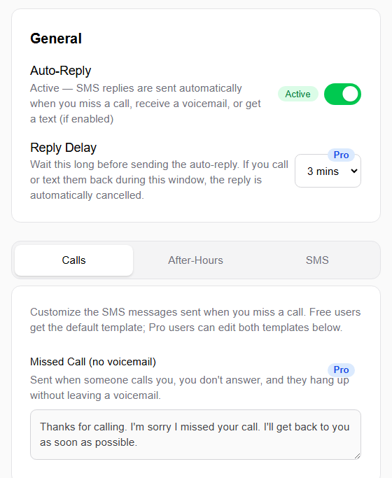 General settings showing the Auto-Reply toggle set to Active, Reply Delay set to 3 minutes with Pro badge, and the Calls tab with missed call template editor