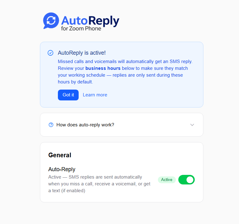 AutoReply first install screen showing the welcome message, How does auto-reply work accordion, and General settings with the Auto-Reply toggle