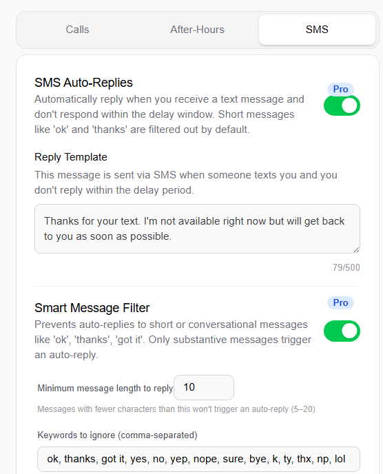SMS tab showing SMS Auto-Replies with template editor and Smart Message Filter with minimum message length and keyword filters